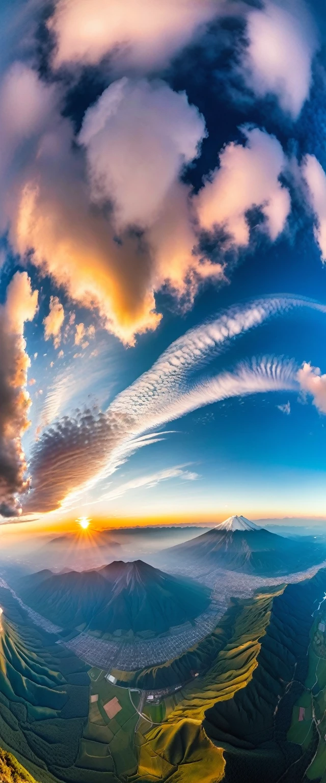 (Highest quality),(masterpiece:1.2),(Very detailed:1.2),Ultra-high resolution,RAW color photos,8K,Fisheye Lens,Vast landscape photography,Realistic photos,Elaborate photos,Skydiving viewpoint,Written boundary depth,Sharp focus,In the clouds,Fuji Mountain,Sunset,Beautiful colors,Written boundary depth,Wide Light,Low contrast,Backlight,Sharp focus,Vibrant colors,moving composition