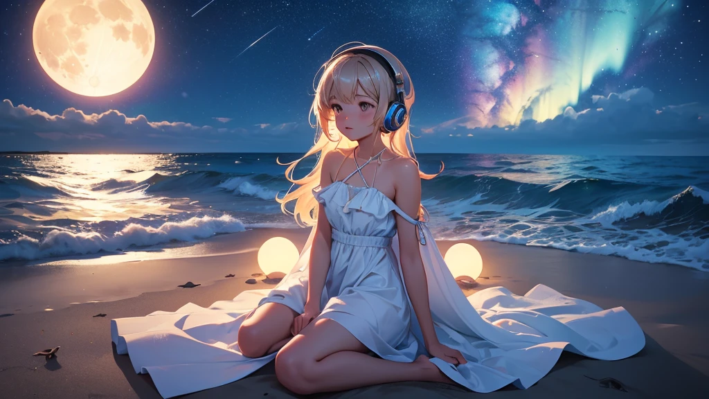 "A serene nighttime beach scene. A girl sits on the sandy shore, her headphones on, lost in the rhythm of the music. She wears a beautiful frock, the gentle waves almost touching her toes. Above her, the night sky is adorned with twinkling stars and a luminous moon, casting a soft glow over the tranquil scene. She looks completely relaxed, absorbed in her own world of melodies."