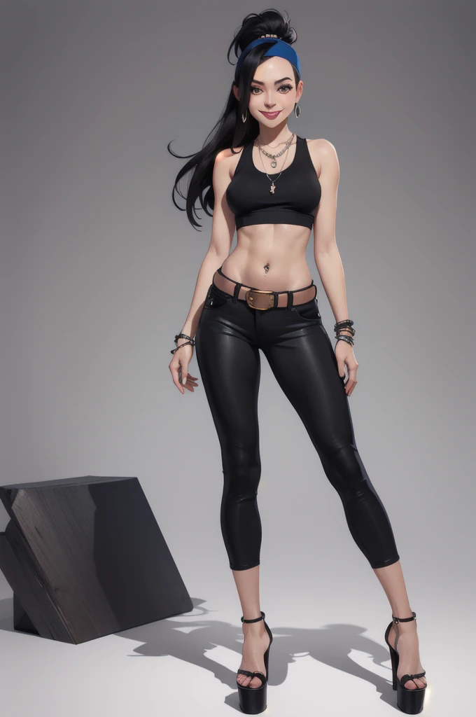 hayley smith, 1girl, black hair, long hair, solo, necklace, jewelry, tank top, headband, midriff, pants, platform high heels, belt, navel piercing,looking at viewer, smile, cowboy shot, fullbody,