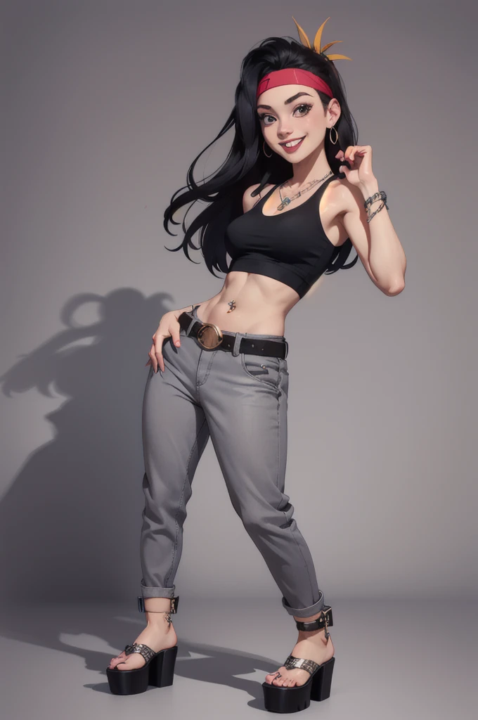 hayley smith, 1girl, black hair, long hair, solo, necklace, jewelry, tank top, headband, midriff, pants, platform high heels, belt, navel piercing,looking at viewer, smile, cowboy shot, fullbody,