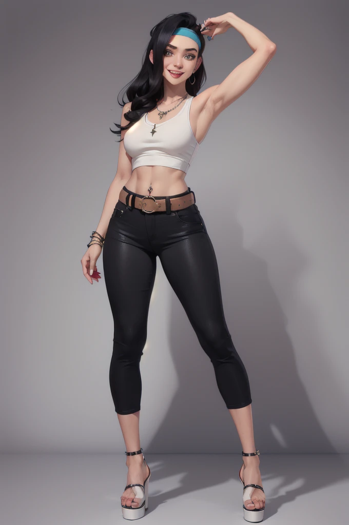 hayley smith, 1girl, black hair, long hair, solo, necklace, jewelry, tank top, headband, midriff, pants, platform high heels, belt, navel piercing,looking at viewer, smile, cowboy shot, fullbody,