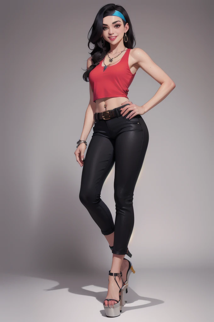 hayley smith, 1girl, black hair, long hair, solo, necklace, jewelry, tank top, headband, midriff, pants, platform high heels, belt, navel piercing,looking at viewer, smile, cowboy shot, fullbody,