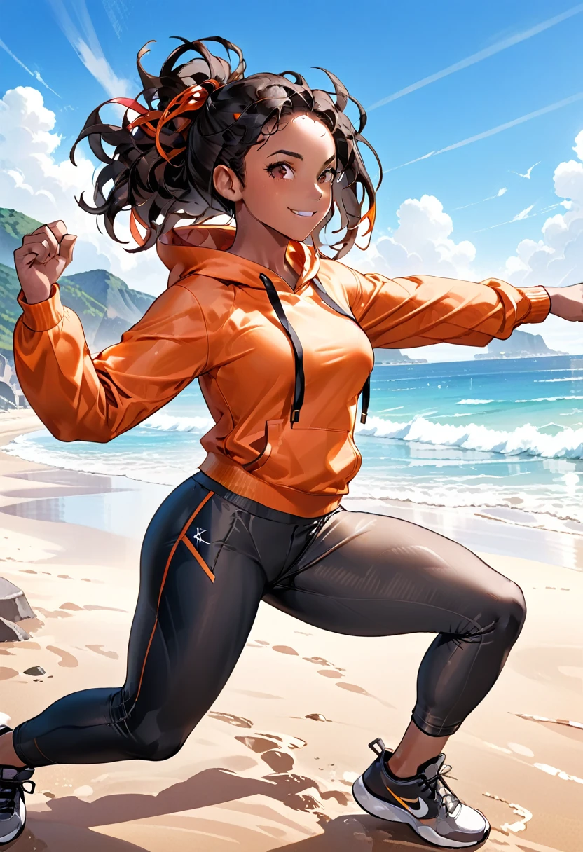 ( black woman, dreadlocks, kickboxer jogging, headphones, beautiful african-caribbean features,  pale orange hoodie,  gray yoga pants, sneakers),  ((((Impossible beauty, screencap, Score_8_up, thickline art, hyper-detail art,  anime coloring, best quality, hyper-hdr, 8k uhd,  hyper absurdres, very aesthetic,  side view)))),(((very dark skin, voluptuous, curvy, strong, shortstack, black hair, soft face, small wide nose, firm medium breast, curvy hips,  wide hips, red and brown heterochromia eyes))), (((((Hyper-stylistic, sharp gradients, deep highlights, hyper exposure, hyper-detailed Beach front background, hyper-detailed smooth textures)))), hyper emotional, ((perfect hands,  hyper perfect , perfect eyes, perfect anatomy, perfect  physiques, amazing skin, hyper-detailed eyes,  hyper-detailed features)), (salaciously smiling, dynamism,   dynamic lighting, dynamic shading, sensual shadowing,  sensual atmosphere)