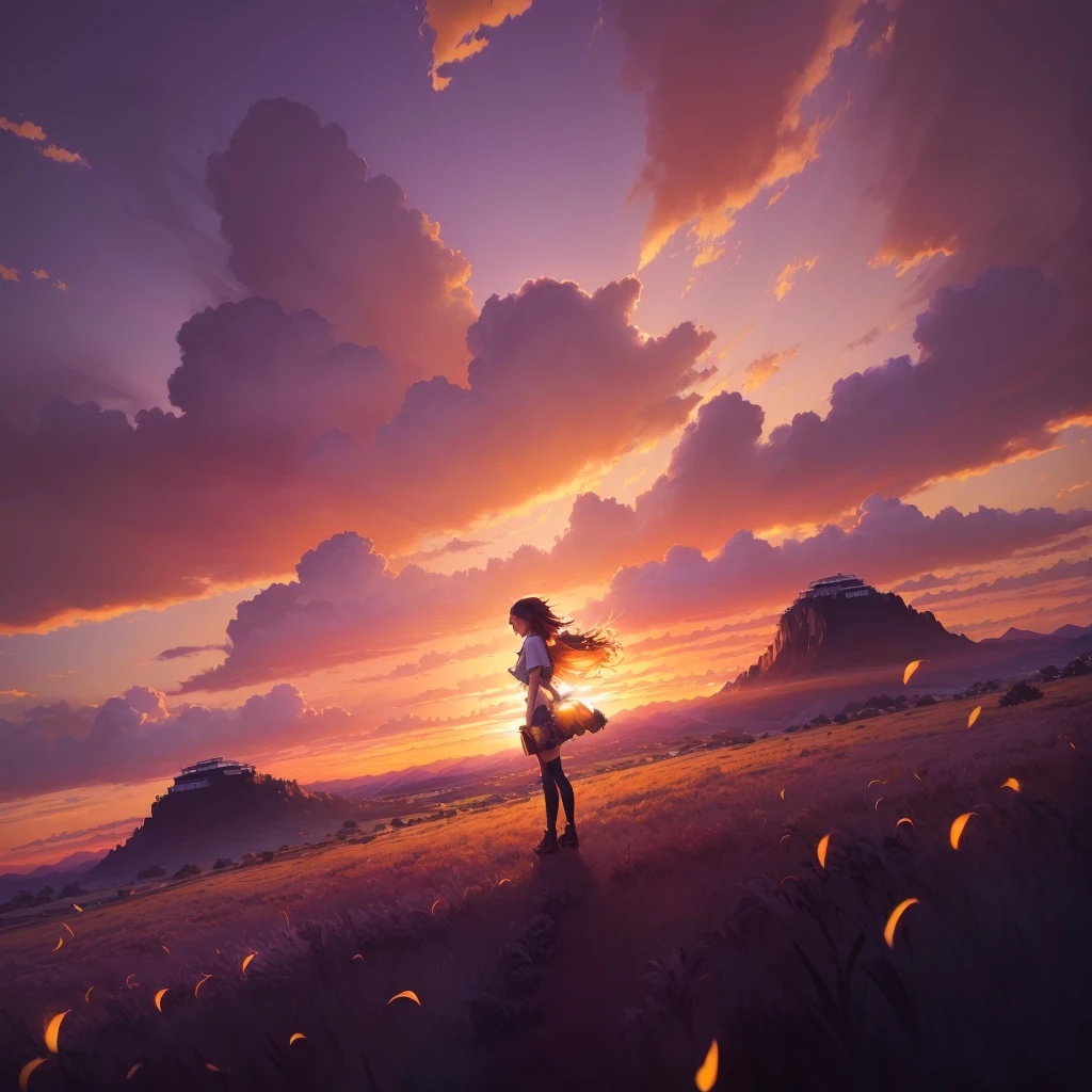 アニメ, a girl on horseback in a grassy field with a sunset in the background, makoto shinkai cyril rolando, Papel de parede de arte アニメ 4k, papel de parede de arte de アニメ 4k, papel de parede de arte de アニメ 8k, Papel de parede de アニメ 4K, linda cena de アニメ, Lindas obras de arte de アニメ, アニメ linda cena de paz, papel de parede de アニメ 4k, papel de parede de アニメ 4k