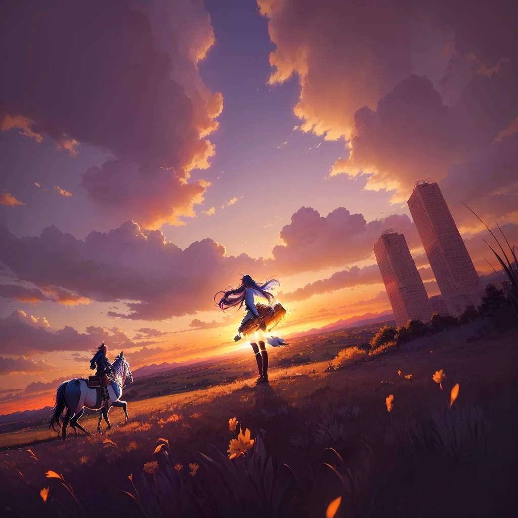アニメ, a girl on horseback in a grassy field with a sunset in the background, makoto shinkai cyril rolando, Papel de parede de arte アニメ 4k, papel de parede de arte de アニメ 4k, papel de parede de arte de アニメ 8k, Papel de parede de アニメ 4K, linda cena de アニメ, Lindas obras de arte de アニメ, アニメ linda cena de paz, papel de parede de アニメ 4k, papel de parede de アニメ 4k