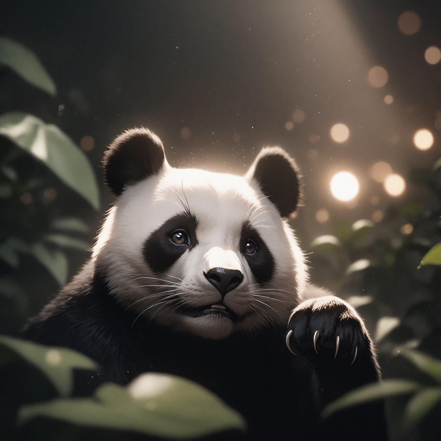 solo, looking at viewer, no humans, animal, leaf, plant, blurry foreground, animal focus, whiskers, panda,
cinematic film , realistic , shallow depth of field, vignette, highly detailed, high budget, bokeh, cinemascope, moody, epic, gorgeous, film grain, grainy, 
