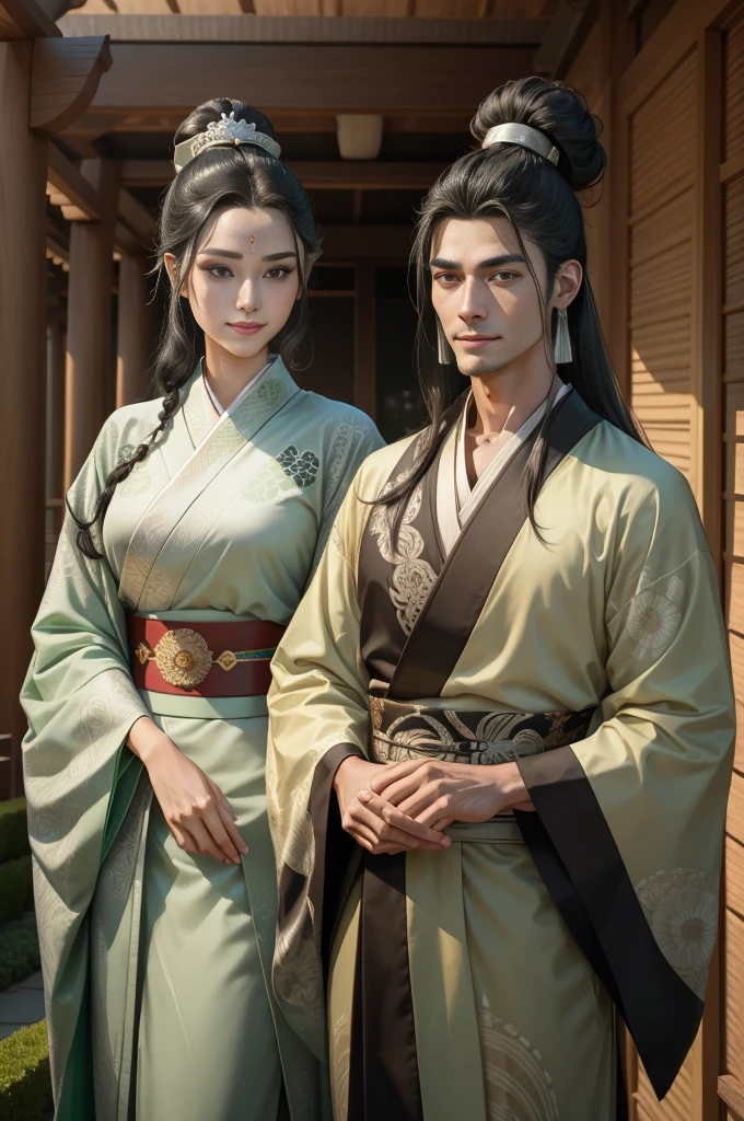 Tall and regal noble couple, dignity, jet-black hair, hair tied into a topknot, sharp face, serene smile, amber almond-shaped eyes, sage, tanned skin, deep green kimono embroidered with intricate silver patterns, in a garden