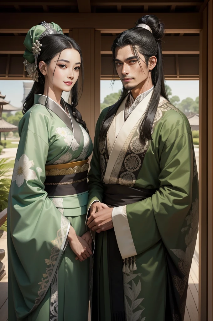 Tall and regal noble couple, dignity, jet-black hair, hair tied into a topknot, sharp face, serene smile, amber almond-shaped eyes, sage, tanned skin, deep green kimono embroidered with intricate silver patterns, in a garden