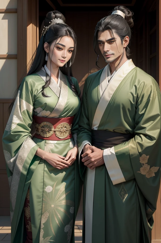 Tall and regal noble couple, dignity, jet-black hair, hair tied into a topknot, sharp face, serene smile, amber almond-shaped eyes, sage, tanned skin, deep green kimono embroidered with intricate silver patterns, in a garden