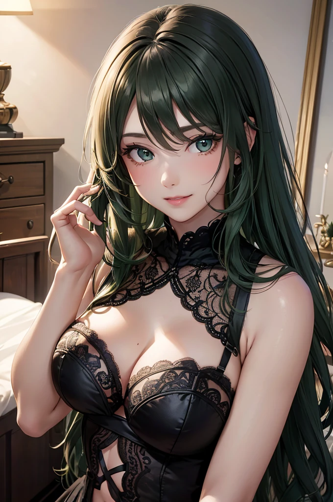 Best Quality,High resolution,8K,finelity detailed background,Masterpiece:1.2),beautiful girl,Shiny green hair,messy hair,Green Eyes,Gentle look,A refreshing look,smile,Best quality,Best Quality,Aesthetic and aesthetic:1.2,Best details((Super detailed))(High-definition CG illustrations),Upper Body, Black underwear,(black intricate lace),garter belt,Slender body,night,moon,Bedroom,On the bed,smile,blush,cute,Scrounge,Looking up,Being spoiled,super model,wariza,shoot from,below