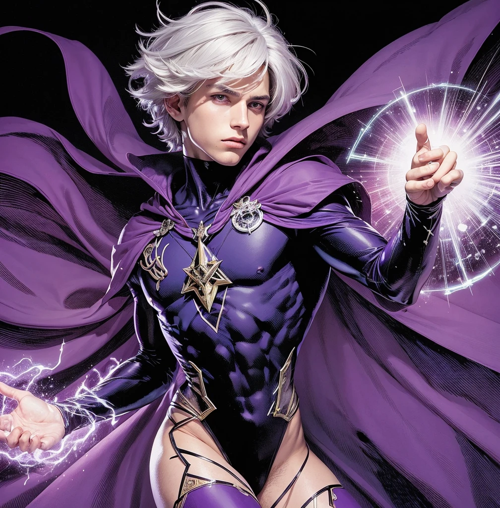 American classic comic book art: handsome ethereal young boy delicate, intermediate light white hair with beautiful messy, pointy ears, purple-indigo tight bodysuit adorned by mystical symbols, dark gloves, purple long sleeves, purple world of dreams, conjuring magic energy symbols, magenta cape adorned with symbols, sorcerer, white eyes, showing thighs, very young face man, beautiful thighs, classic comic book,