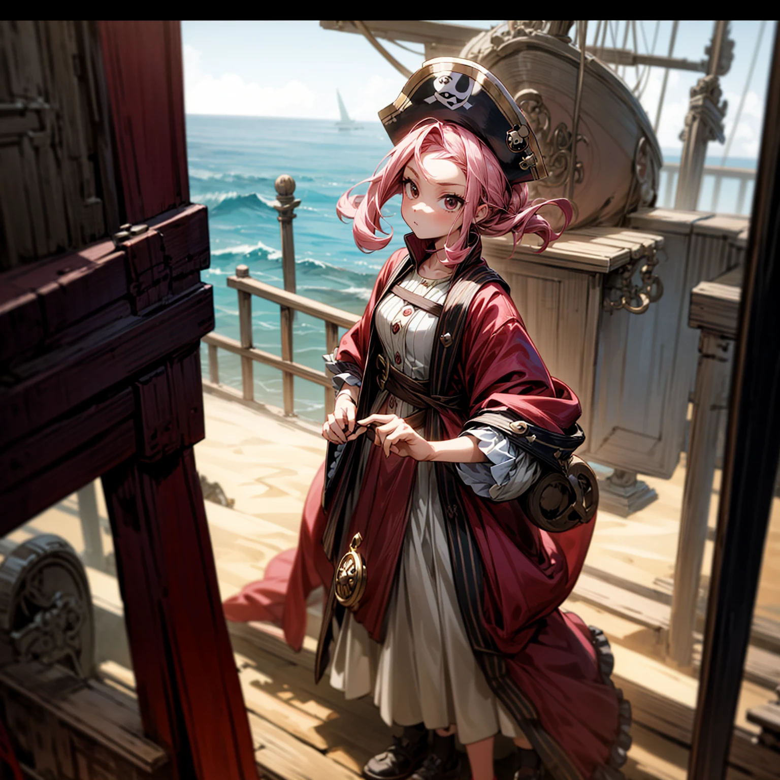 1girl, Full body version, 1character, girl version, black eyes, long Curly haircut, pink colour hair, ancient pirate style clothing, red colour clothing, Grassroots, background in the ship, motion blur, (pokemon style), standing gesture, pirate hat,