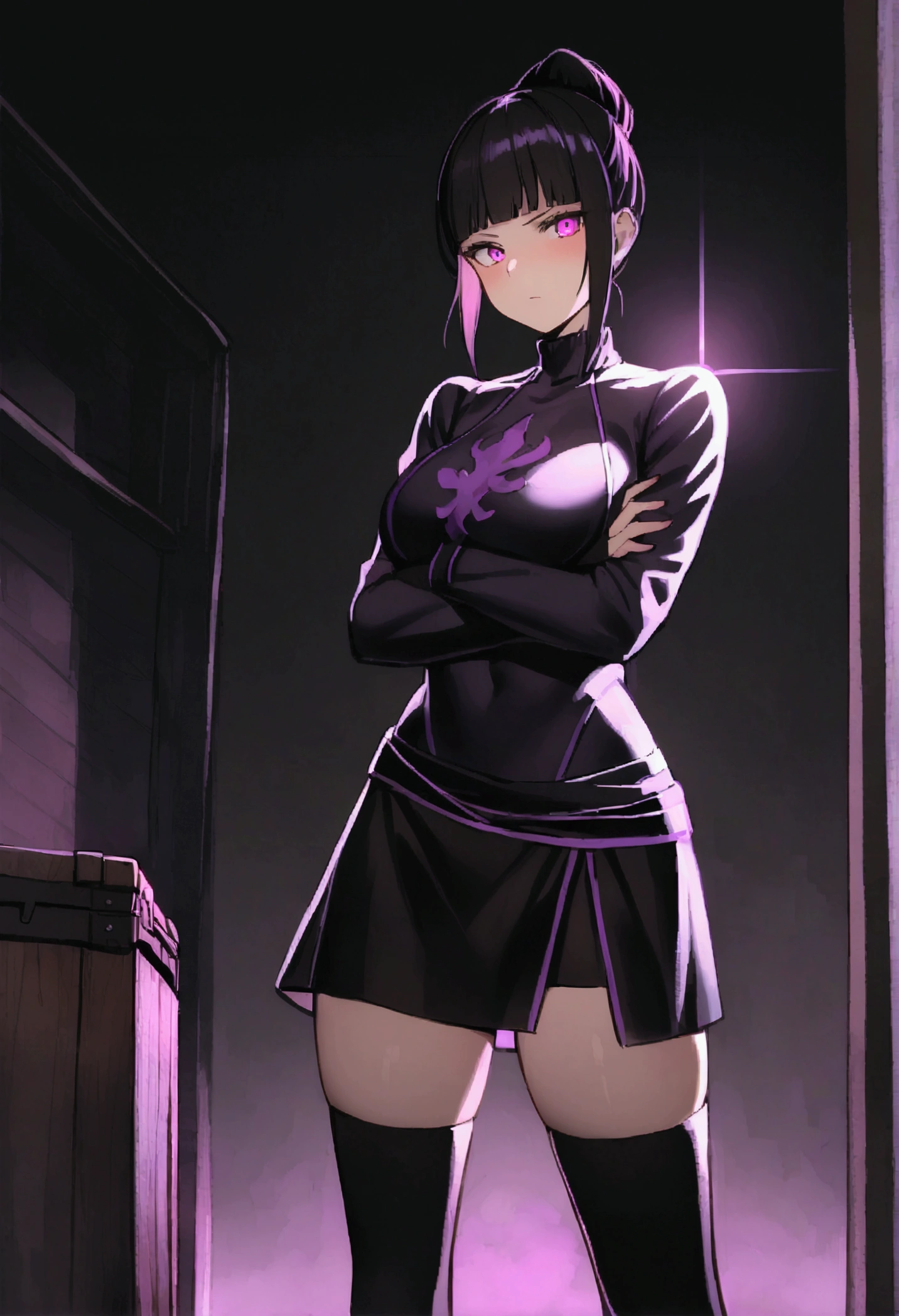 juri han, 1 girl ,standing alone,hinterland,Look to viewer, , trunk,sheen, turtleneck sweatshirt,black socks,standing,brava,,blushed,face red,arms crossed,room,plant,shining purple eyes,black short skirt,black glove,large bosom,low lng,ombre,glowing purple eyes,He would be