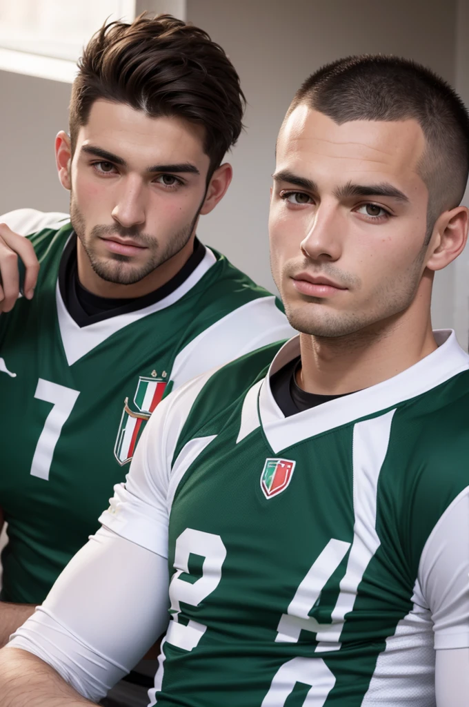 A football player from Italy, Brunette without a beard and with shaved hair