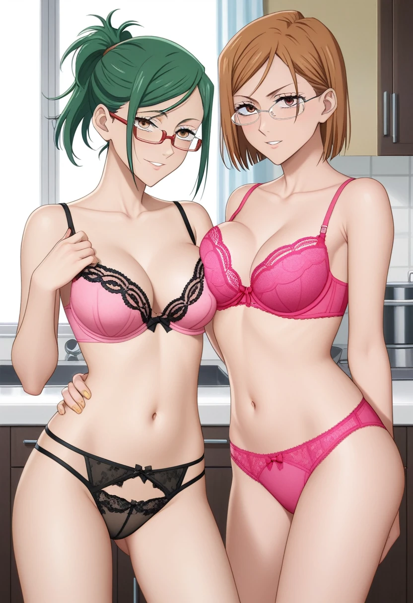 score_9_up, score_8_up, score_7_up, 2 girls, mature females, (((first girl is Nobara Kugisaki from Jujutsu Kaisen((brown bob hair, brown eyes, small erected breast, pink lingerie)))))(((second girl is Maki Zenin from Jujutsu Kaisen((green ponytail hair, yellow eyes, glasses, medium erected breast, black lingerie))))), (((perfect model bodies))), (((modern open space kitchen, with panoramic windows))), looking at the viewer, standing in seductive poses
