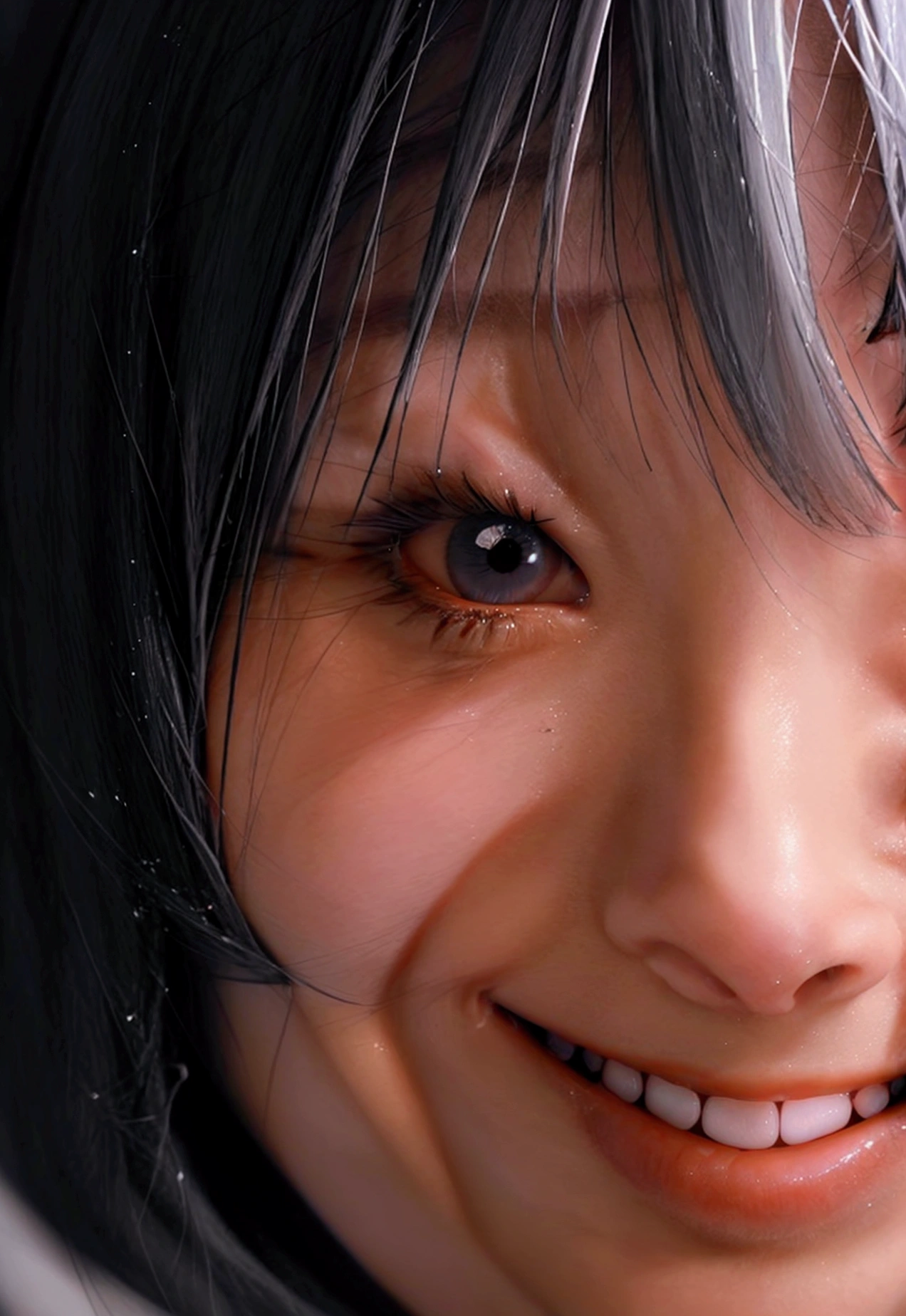 cute 22 year old,1 girl,Slim face Tokyo Street,night, cityscape,city lights, ((face close up:1.5)),((smile showing white teeth)),((Bangs cut)),((Very short hair white hair)),close, 8k, RAW photo, highest quality, masterpiece,realistic, photo-realistic,