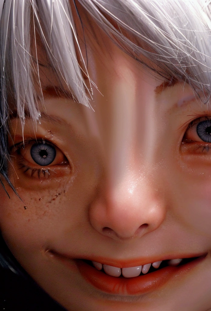 cute 22 year old,1 girl,Slim face Tokyo Street,night, cityscape,city lights, ((face close up:1.5)),((smile showing white teeth)),((Bangs cut)),((Very short hair white hair)),close, 8k, RAW photo, highest quality, masterpiece,realistic, photo-realistic,