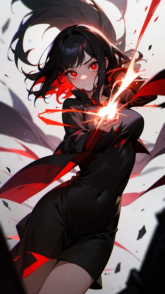 A black haired girl with red pupils with cursed magic