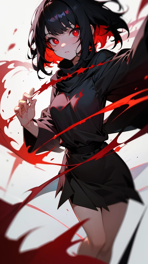 A black haired girl with red pupils with cursed magic
