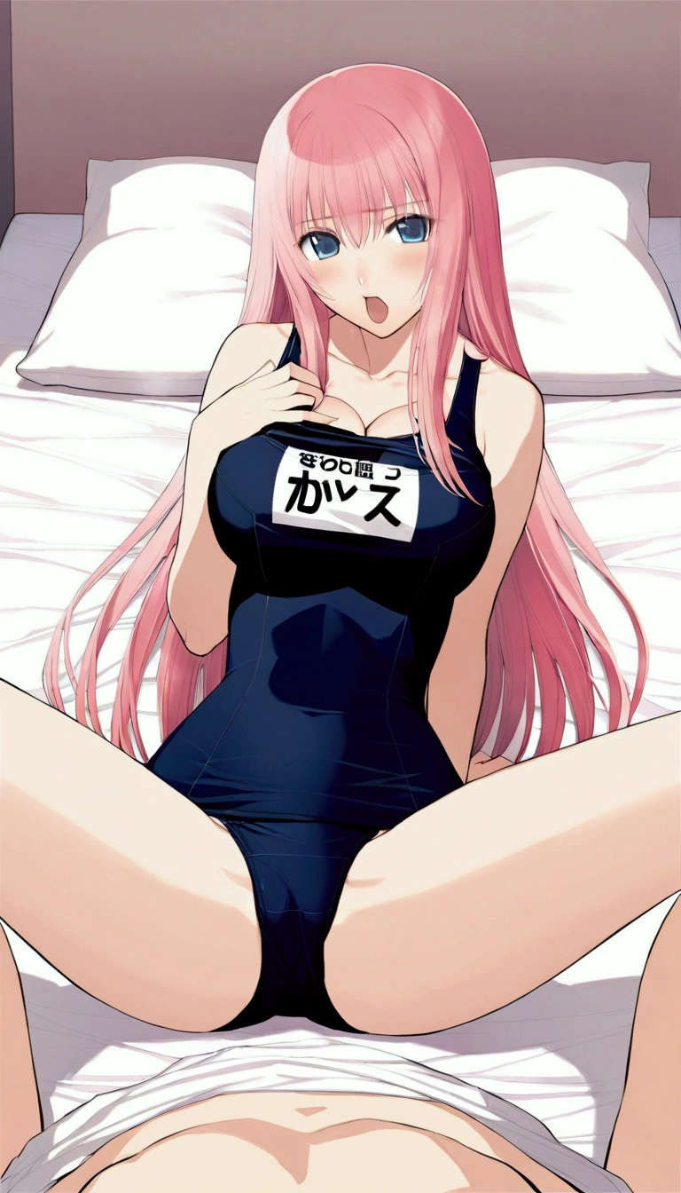 (Browsing Caution:1.5),{{Masterpiece}},{Detailed and beautiful depiction},Official Art,Beautiful adult woman 1,Megurine Luka,Pink long hair,blue eyes,Large breasts,School Swimsuit,(Looks like you're feeling better),blush,Open your mouth,front,First-person view,Pee vigorously,Mass Feeding,Spread your legs,On the bed