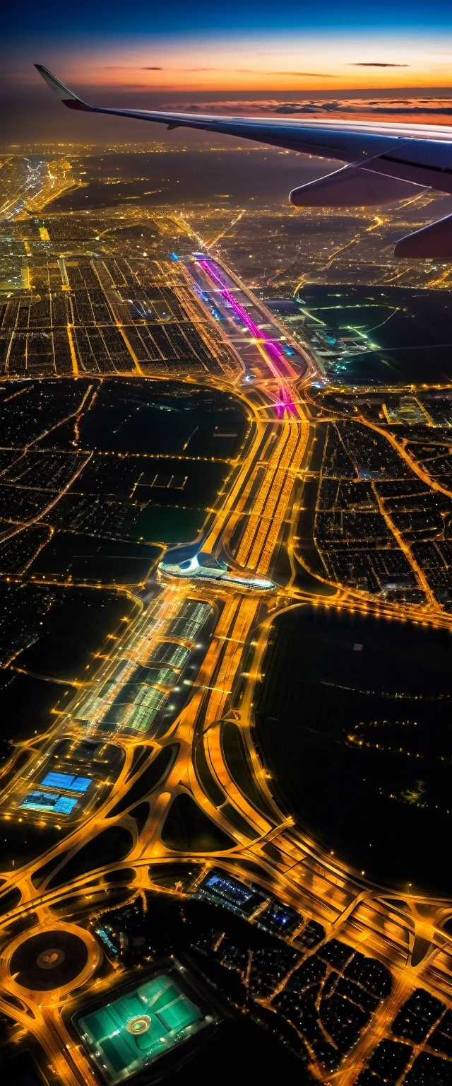 (Highest quality),(masterpiece:1.2),(Very detailed:1.2),Ultra-high resolution,RAW color photos,8K,Vast landscape photography,Realistic photos,Elaborate photos,View from an airplane window,Written boundary depth,Sharp focus,In the clouds,Paris,Charles de Gaulle Airport,Night view,Beautiful colors,Written boundary depth,Wide Light,Low contrast,Backlight,Sharp focus,Vibrant colors,moving composition