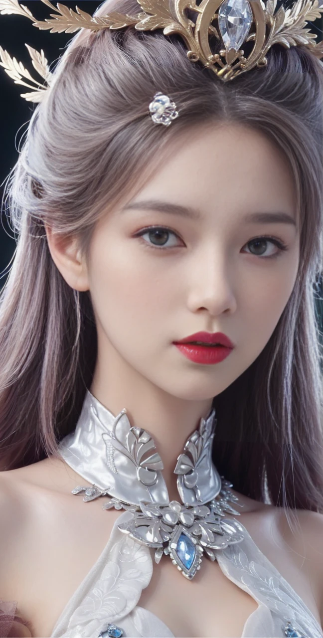 best quality, tmasterpiece,Ultra-high resolution,Clear face,（Reality：1.4），ferpect lighting，(upper body shot), (photorealistic:1.50), anime wallpaper, Guviz style artwork, cover-up fantasy up to magic , by Yang J, Guviz, beautiful artwork illustration, beautiful digital artwork, beautiful digital illustration, Li Song, beautiful anime portrait, art style in Beauvot, Lips wear thick red lipstick,