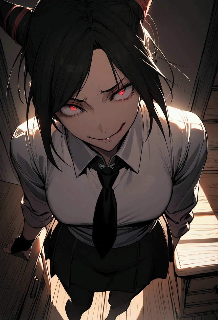 Juri Han, artwork, fitted white secretary shirt with black tie, Very short black skirt, skirt short,sock, Bblack hair, blackstockings,evil smile,DESK,bangs on the eyes,lighting,horn of hair,from above view,staring overhead
