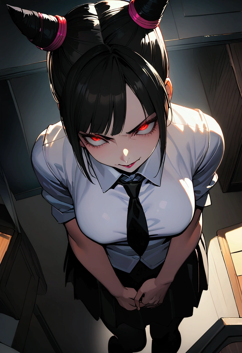 Juri Han, artwork, fitted white secretary shirt with black tie, Very short black skirt, skirt short,sock, Bblack hair, blackstockings,evil smile,DESK,bangs on the eyes,lighting,horn of hair,from above view,staring overhead
