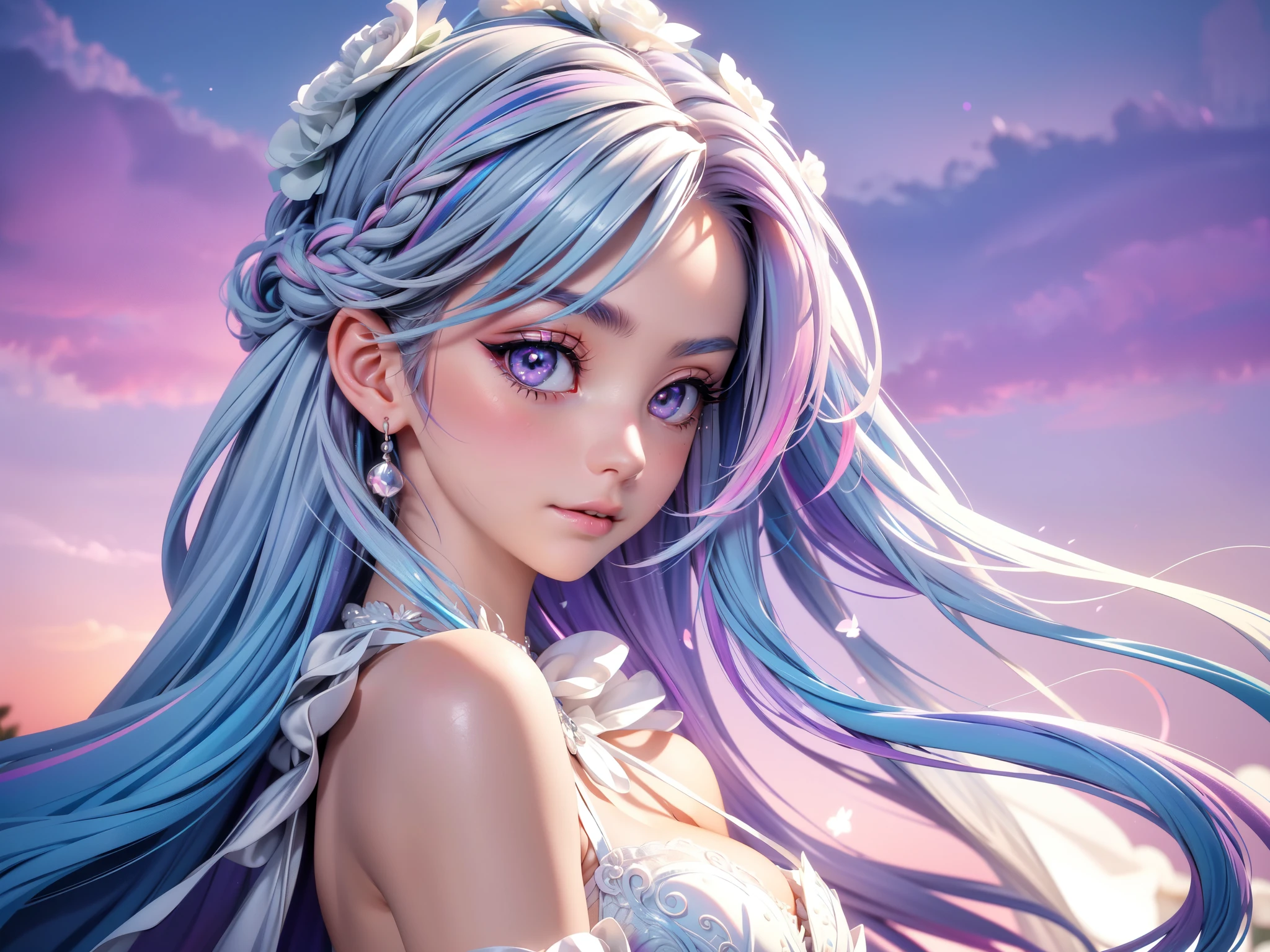 (masterpiece, best quality, beautiful and aesthetic:1.3), look back, side view, full body, 1 girl, solo, light smile, (Silver blue hair streaked pink purple:1.4), (Gradient sky blue hair ends:1.6), hair strand, absurdly long hair, single sidelock, wavy hair, shiny hair, floating hair, (deep purple eyes), delicate eyes, aqua eyes, super high detailed eyes, long upper eyelashes, makeup, Focus on face, Very detailed facial, Pretty Face, Perfect breasts, hot body, porcelain skin, (Delicate skin texture:1.2), (Highly detailed skin:1.2), bridal veil, lace-trimmed dress, see-through, wedding dress, outdoors, white roses, garden, morning, standing, extreme detailed, Edge lighting, two color lights, 8K UHD, Bokeh, イーブイの絵, soft light, Volumetric lighting, confess, wram tone