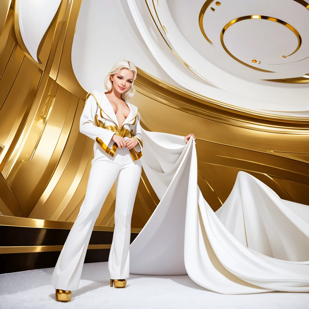 Sexy look at the camera snow-white smile Hollywood star futurism gold and white in clothes around a beautiful fashionable interior photo studio 