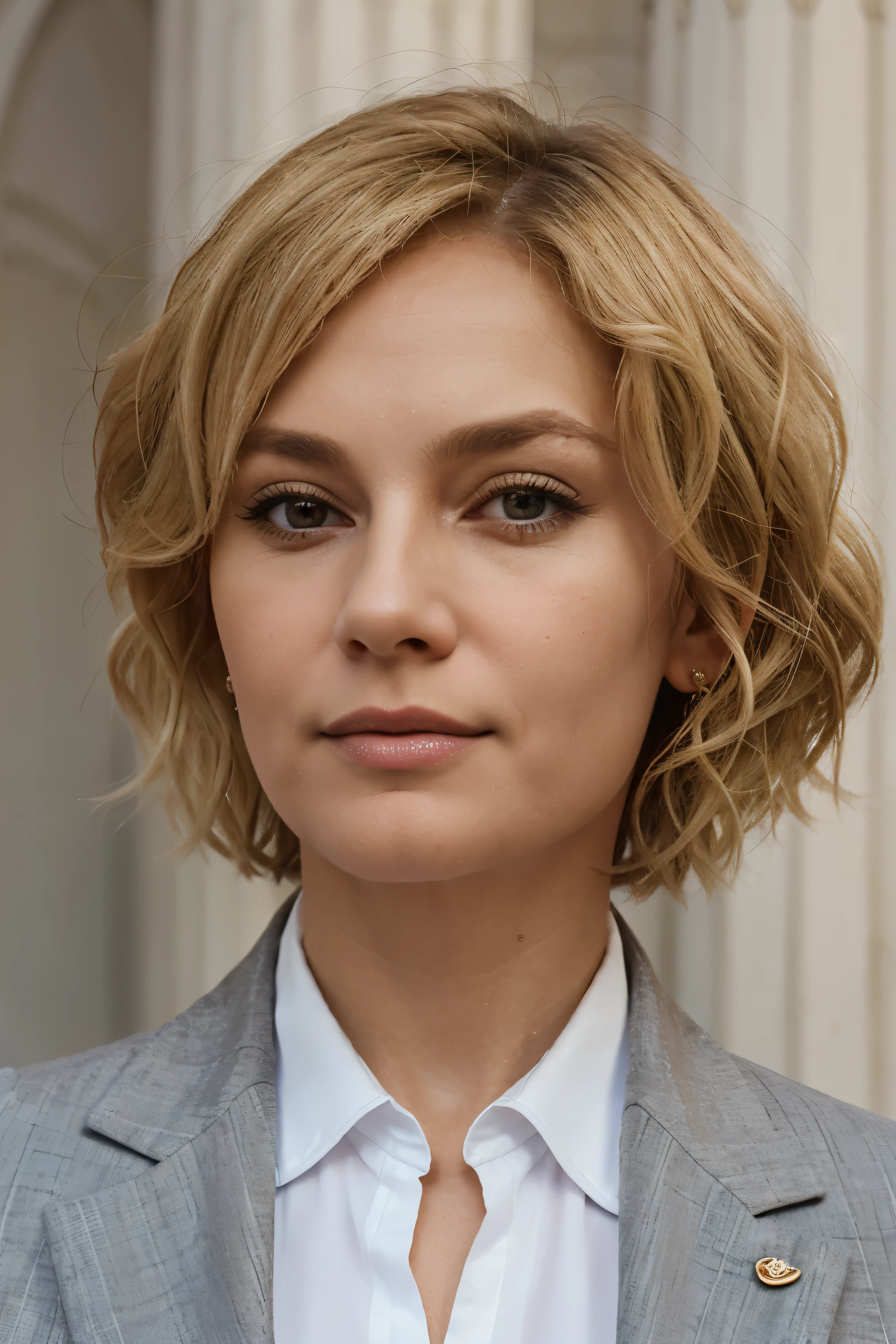 50 year old woman with blonde hair, Little Short Hairstyle, wavy hair, dressed in a beautiful classic-cut suit, close-up against the backdrop of the Moscow Kremlin,