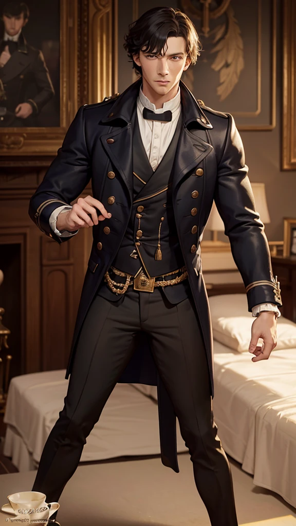 Sherlock Holmes is shirtless but with a peacoat on with a thick jockstrap with no pants on with a chiseled torso and v shape abs, a detailed face with clean lines. gorgeous eyes. in an 18th century English pub setting background.