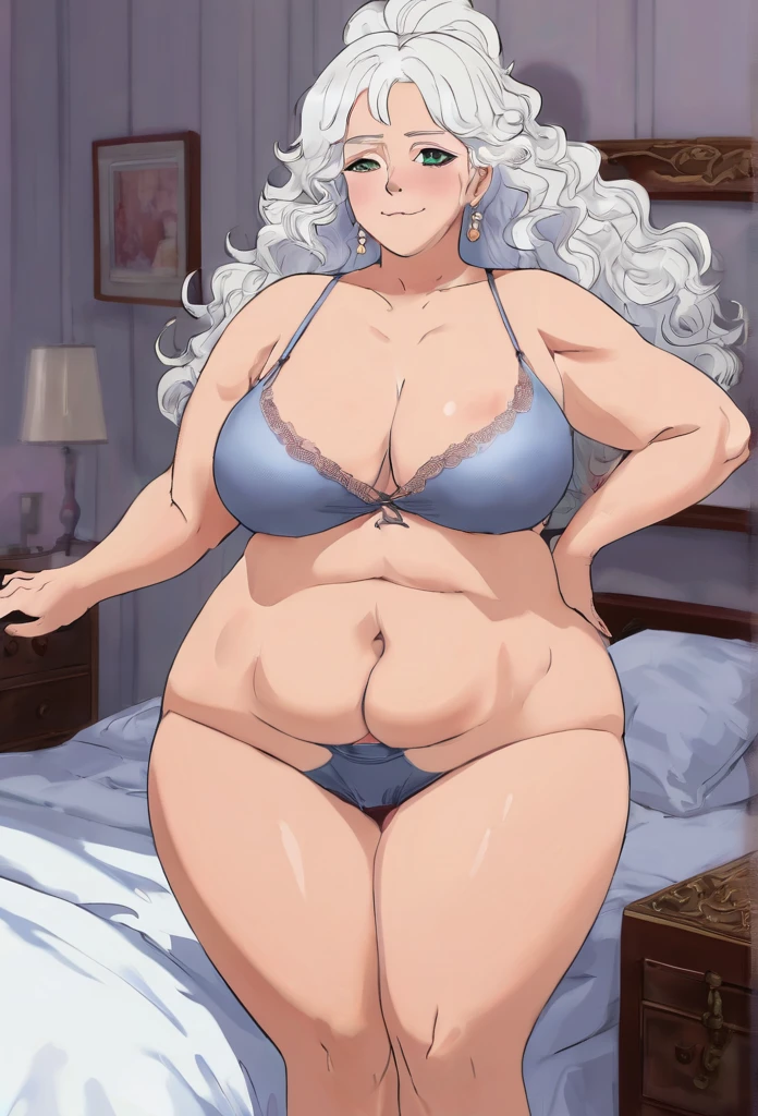 score_9,score_8_up,score_7_up, anime style, clear line, 1mature woman, solo, gilf, old skinny, full body and foot, (old skin) , (58 years old woman) ,ms, She has very long curly white hair. She has emerald eyes with dark eye shadow and beautiful curly eyelashes. Considering her advanced age, her body has changed since her youth. She has cellulite on her butt and upper thighs, stretch marks on her breasts, Montgomery glands, tons of wrinkles. She is very obese, she has huge thick thighs, huge thic.(on bedroom), bare feet, ,