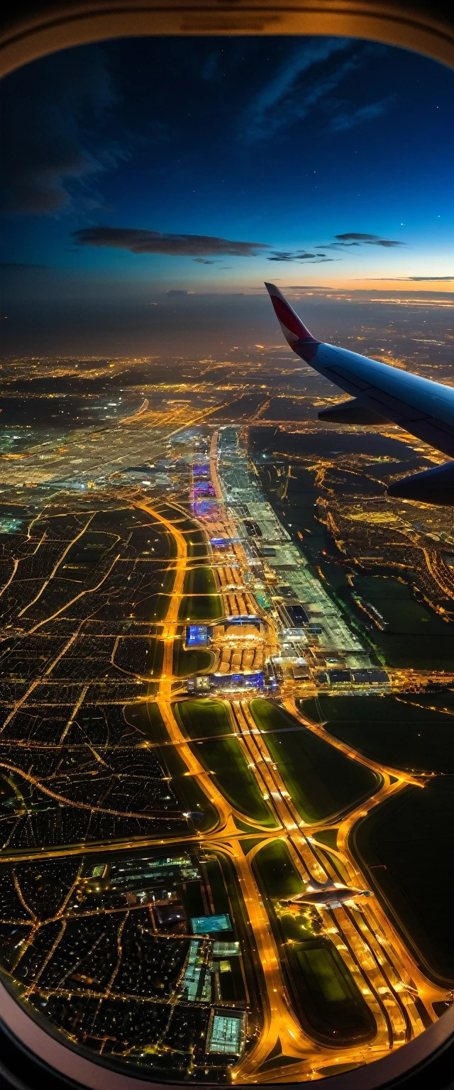 (Highest quality),(masterpiece:1.2),(Very detailed:1.2),Ultra-high resolution,RAW color photos,8K,Vast landscape photography,Realistic photos,Elaborate photos,View from an airplane window,Written boundary depth,Sharp focus,In the clouds,London,Heathrow Airport,Night view,Beautiful colors,Written boundary depth,Wide Light,Low contrast,Backlight,Sharp focus,Vibrant colors,moving composition