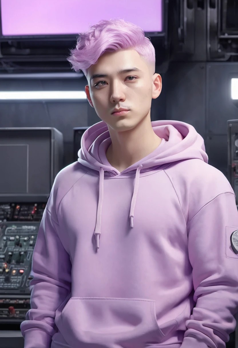 1 man, in front of a control panel, wearing a lilac sweatshirt, detailed facial features, detailed light male eyes, detailed pinkish white skin, short pink hair hidden in the sweatshirt hood, Heavyset, Heavyset, Heavyset body, strong lighting, shame expression on the face, cold cinematic composition, atmospheric fog, round face, thin chin, round nose, handsome and curvelined man, male, 25 years old (best quality, 4K, 8K, high resolution, art: 1.2), ultra-detailed, (realistic , photorealistic, photorealistic: 1.37)