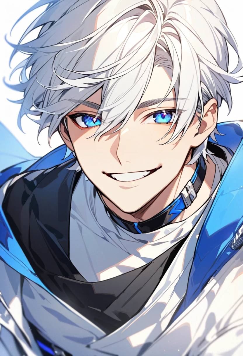 Handsome, solo, 1 male, super short hair, white hair, smile facial, (((shirt))), blue eyes, загадочное выражение лица, загадочная улыбка
