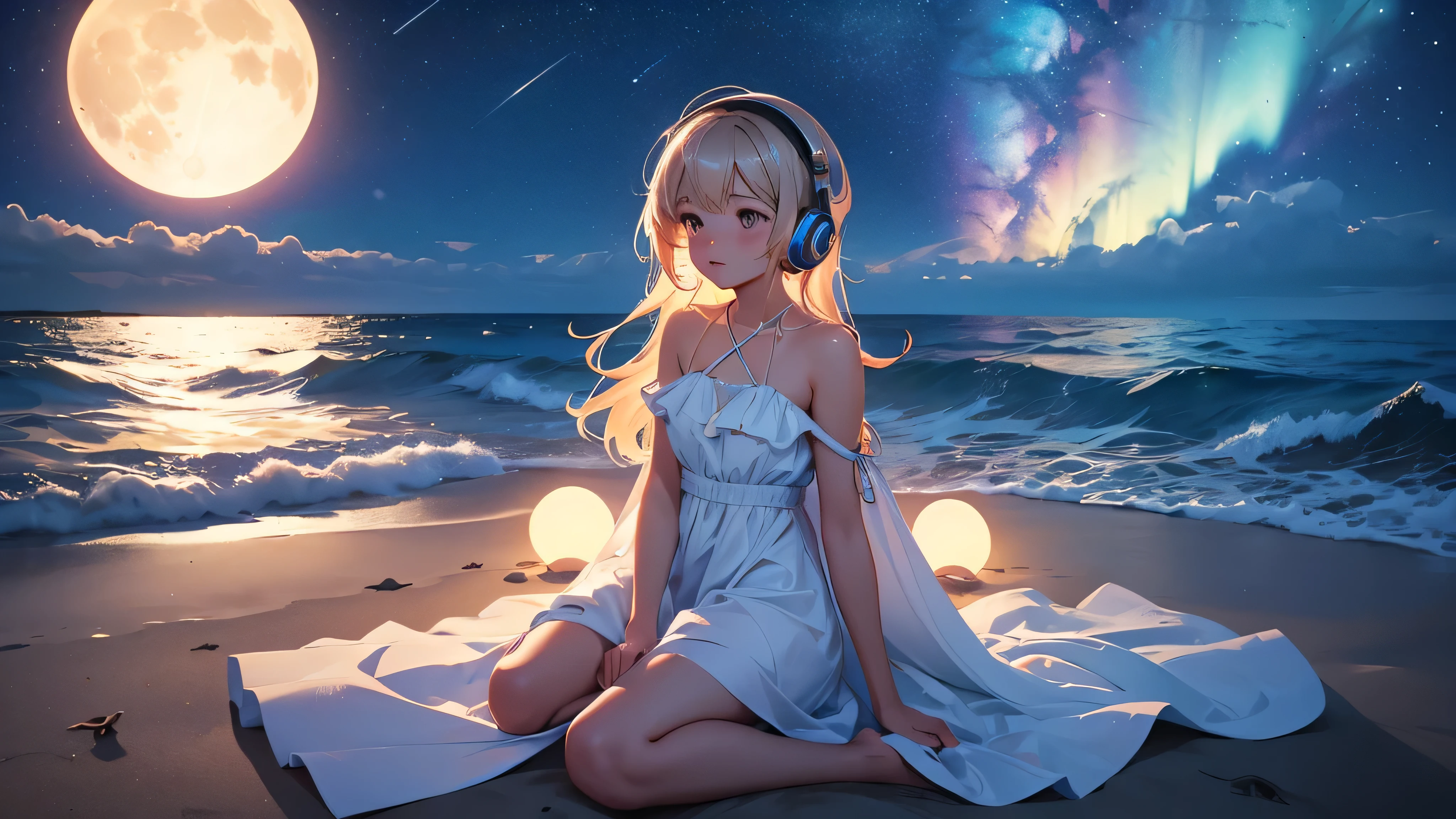 "A serene nighttime beach scene. A girl sits on the sandy shore, her headphones on, lost in the rhythm of the music. She wears a beautiful frock, the gentle waves almost touching her toes. Above her, the night sky is adorned with twinkling stars and a luminous moon, casting a soft glow over the tranquil scene. She looks completely relaxed, absorbed in her own world of melodies."