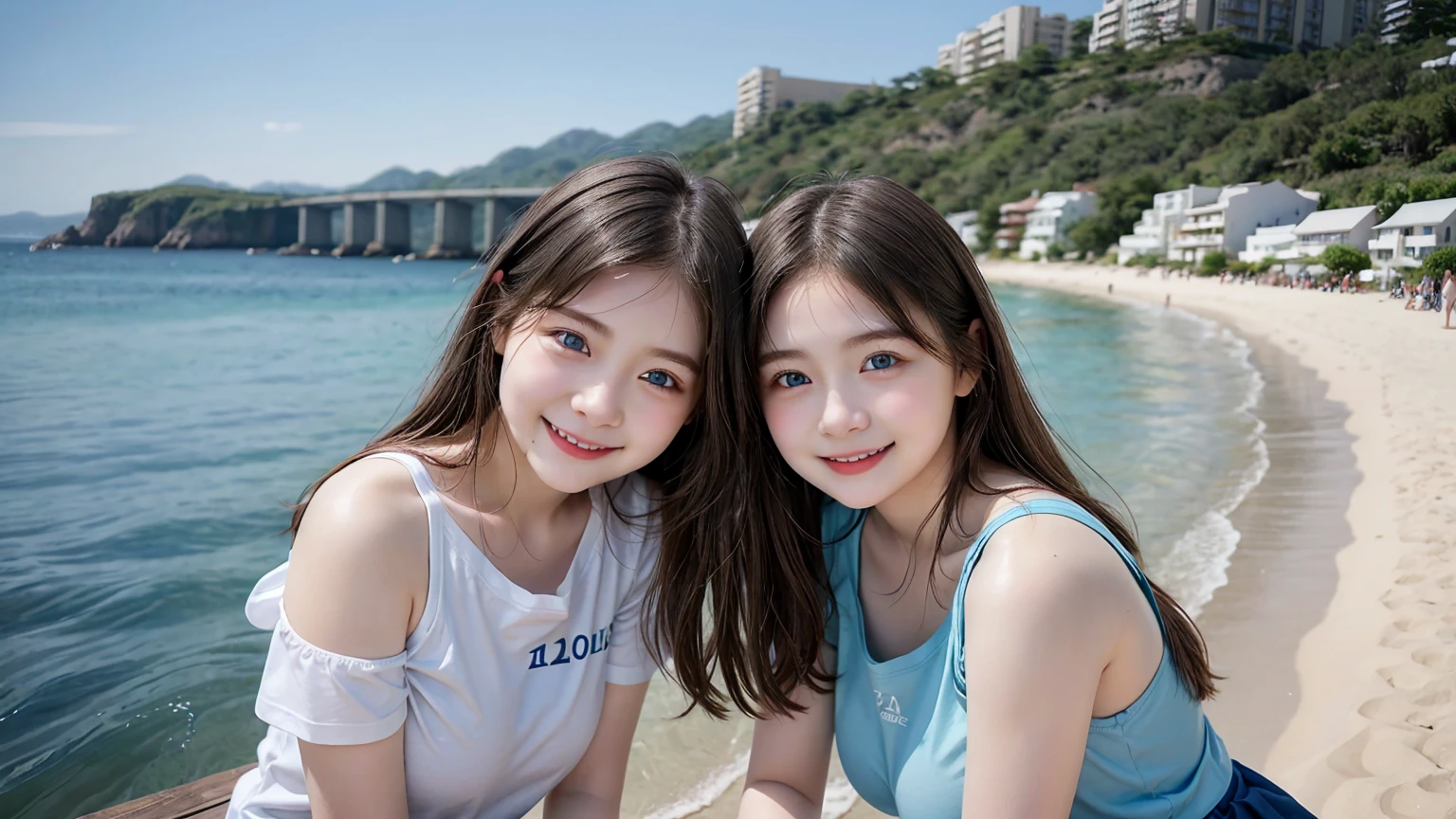 (3 girls), young faceอินโดนีเซีย, 12 years,smile, white skin, Round breast, blue eyes,Wear a skirt((Wear a t-shirt with open shoulders.))Masterpiece, Highest quality, 8K, beautiful girl, young face、 photography, Cute face, thigh,By the sea, รอยsmile、((((((อายุ 12 years))))))、small waist、 ((big breasts))