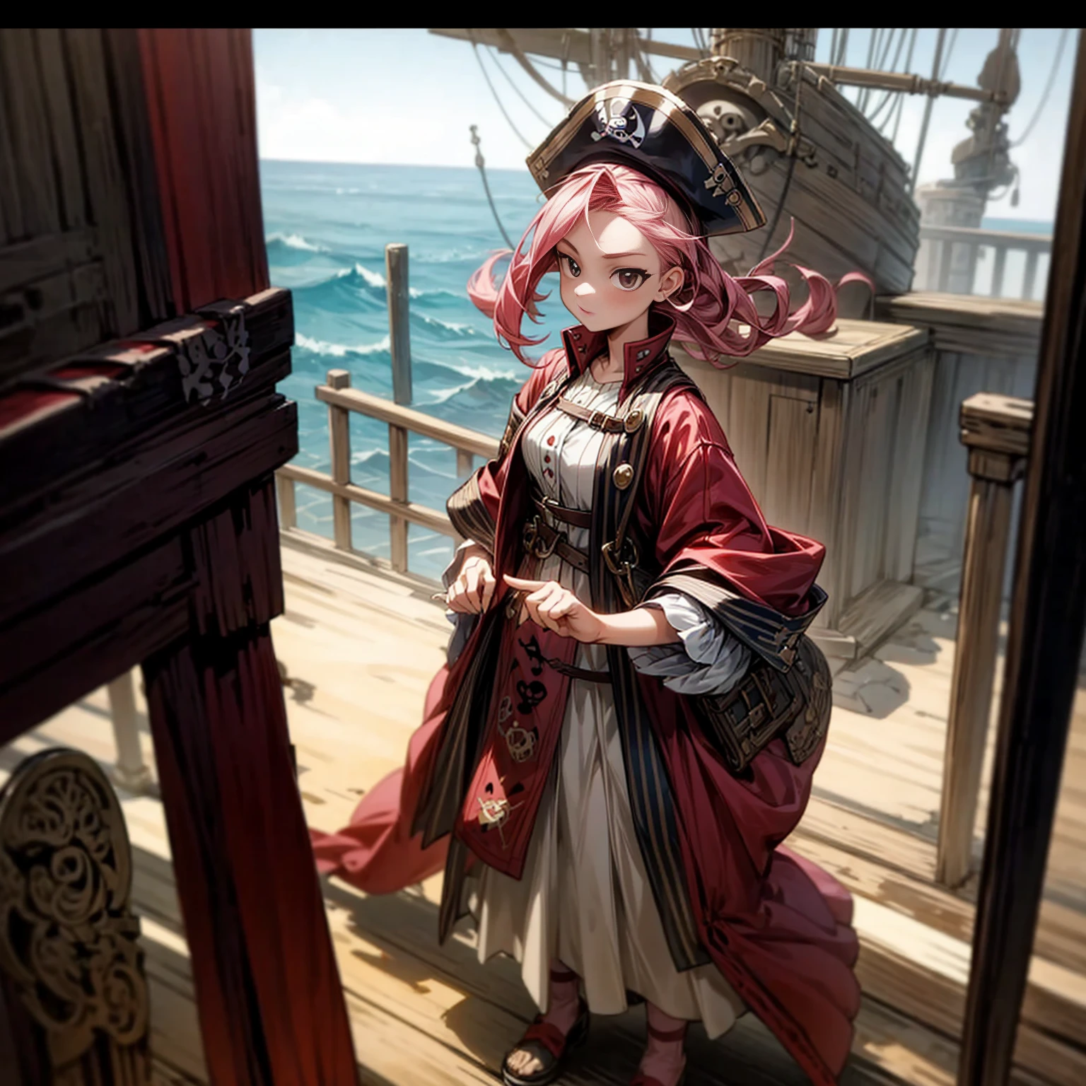 1girl, Full body version, 1character, girl version, black eyes, long Curly haircut, pink colour hair, ancient pirate style clothing, red colour clothing, Grassroots, background in the ship, motion blur, (pokemon style), standing gesture, pirate hat,