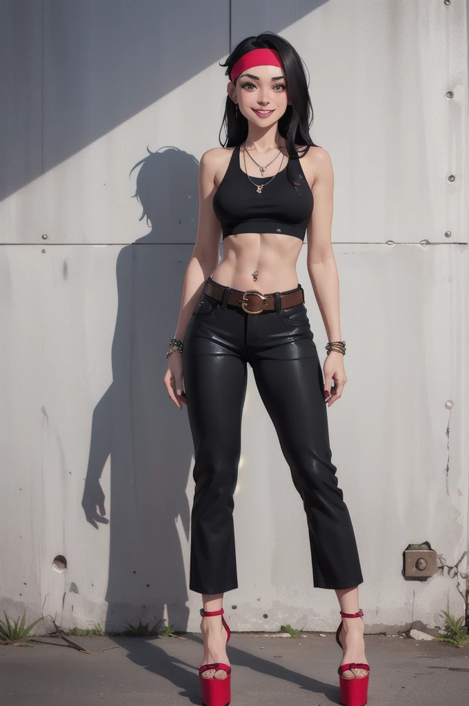 hayley smith, 1girl, black hair, long hair, solo, necklace, jewelry, tank top, headband, midriff, pants, platform high heels, belt, navel piercing,looking at viewer, smile, cowboy shot, fullbody, hippie