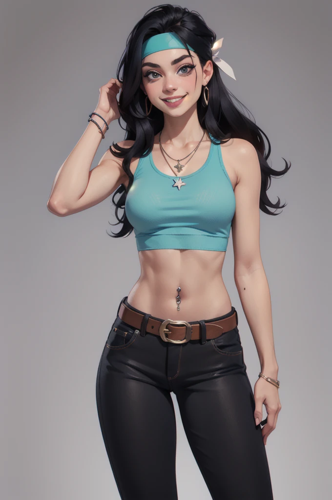 hayley smith, 1girl, black hair, long hair, solo, necklace, jewelry, tank top, headband, midriff, pants, platform high heels, belt, navel piercing,looking at viewer, smile, cowboy shot, fullbody, hippie