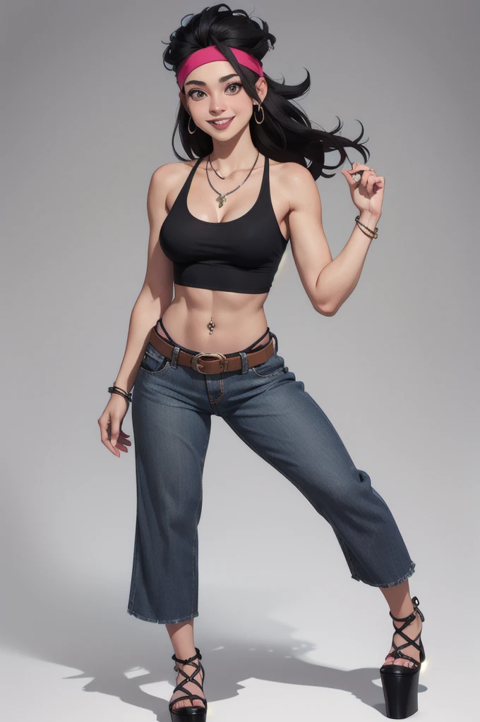 hayley smith, 1girl, black hair, long hair, solo, necklace, jewelry, tank top, headband, midriff, pants, platform high heels, belt, navel piercing,looking at viewer, smile, cowboy shot, fullbody, hippie