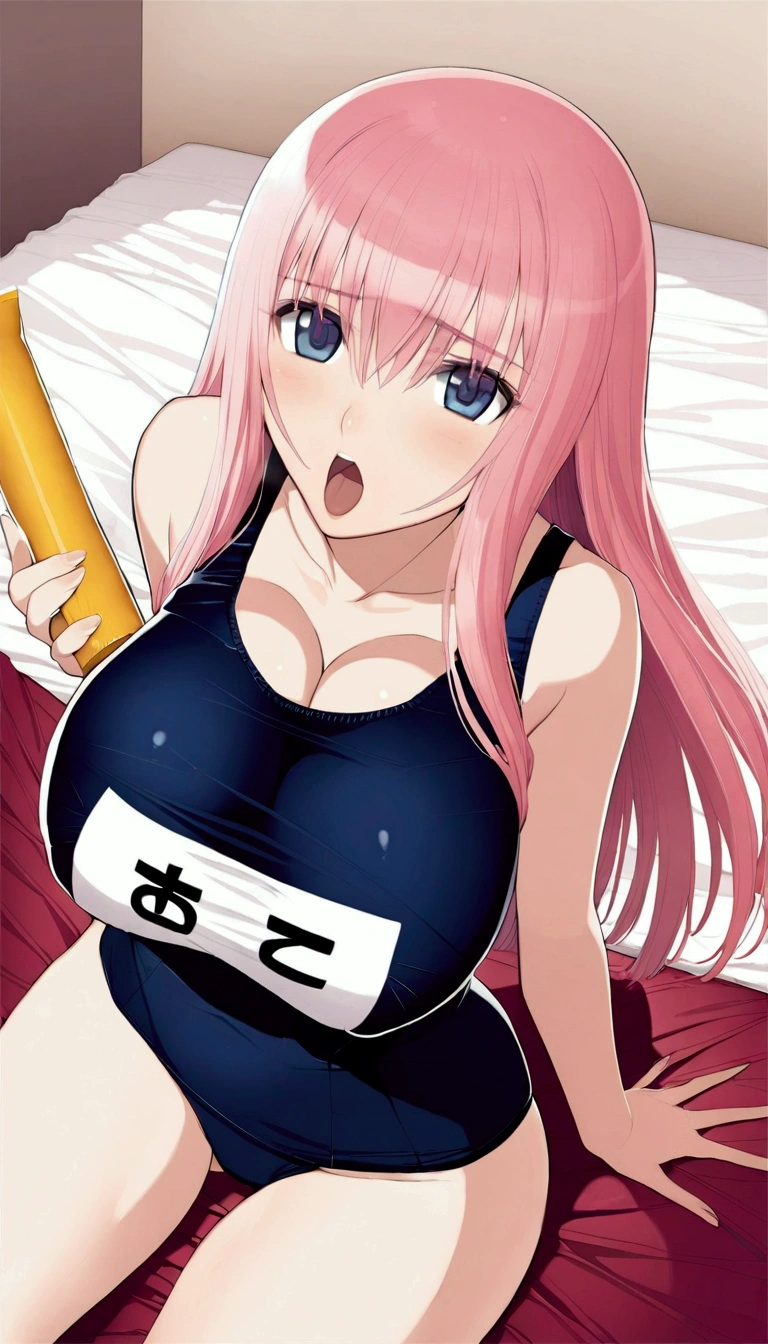 (Browsing Caution:1.5),{{Masterpiece}},{Detailed and beautiful depiction},Official Art,Beautiful adult woman 1,Megurine Luka,Pink long hair,blue eyes,Large breasts,School Swimsuit,(Looks like you're feeling better),blush,Open your mouth,front,First-person view,Pee vigorously,Mass Feeding,Spread your legs,Show it off up close,On the bed