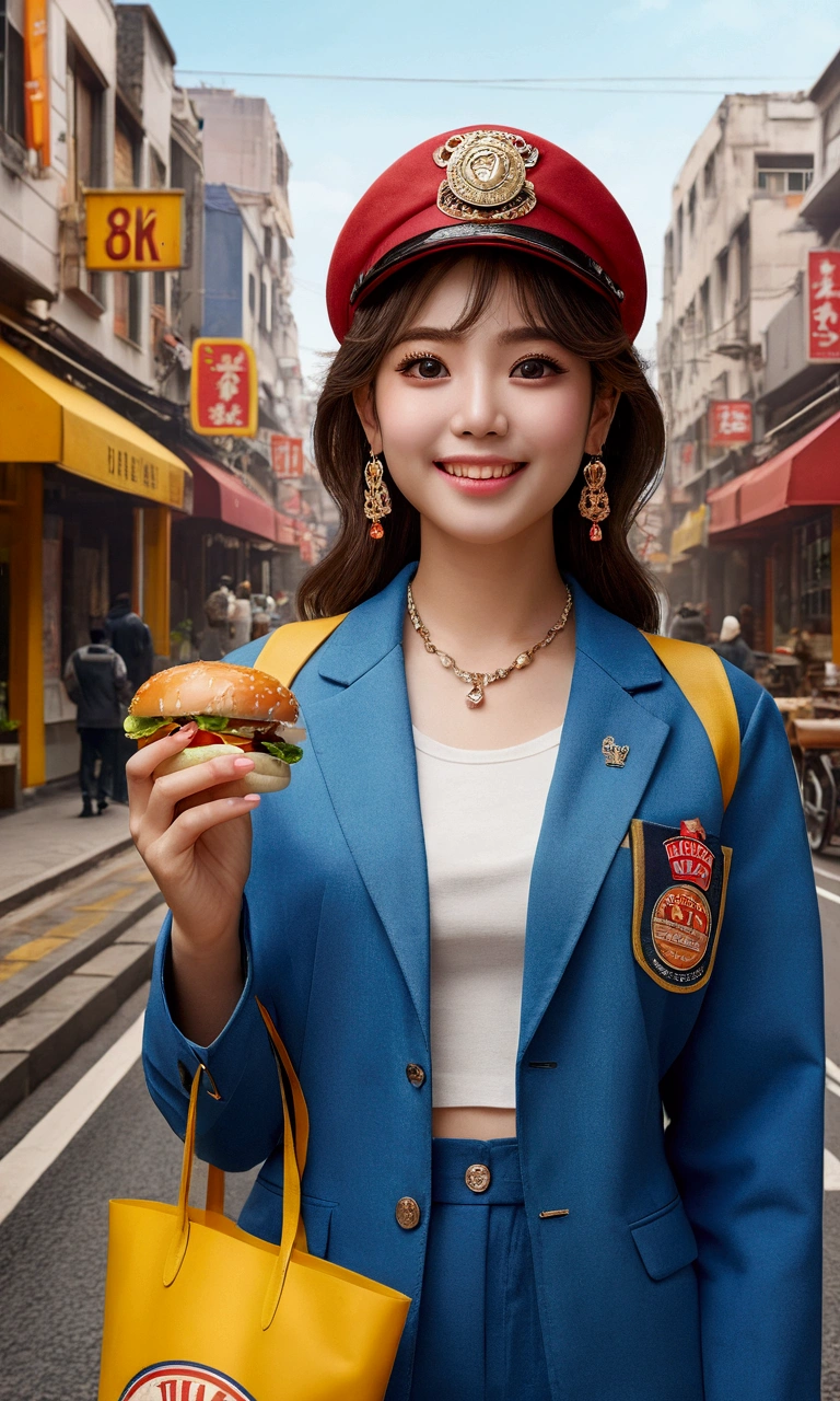 (masterpiece), best quality, (((ultra detailed, 8k quality))), expressive eyes, perfect face, perfect anatomy, perfect body, scene road, road maker, 1girl, badge, blush, building, burger, city, cup, drinking straw, earrings, food, hair ornament, hat, holding, holding food, jacket, jewelry, long sleeves, looking at viewer, open mouth, smile, solo, traditional media, upper body