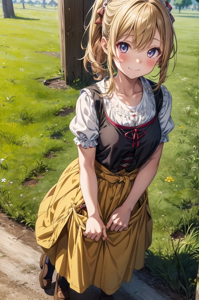 1girl, (anime coloring:1.2), perfect_anatomy, best quality, looking at viewer, upturned eyes, medium hair, chestnut hair, hairs between eyes, feminine, happy smile, (dirndl long skirt:1.2), Simple shoes, village deep in the rye field, Medieval village,
