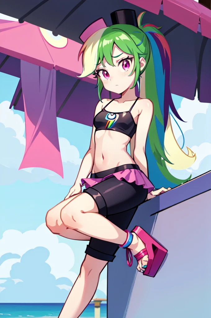 Rainbow Dash, 1 girl, Equestria Girls, rainbow hair, long ponytail, purple eyes, clear blue skin, small breasts, detailed body, detailed face, detailed eyes, glistering body, shiny body, gorgeous body, masterpiece, athletic body, full body, :3, ((pink hat, black bikini top, midriff, pink short pants, platform high heels)), beach, clear sky, sit on beach chair,