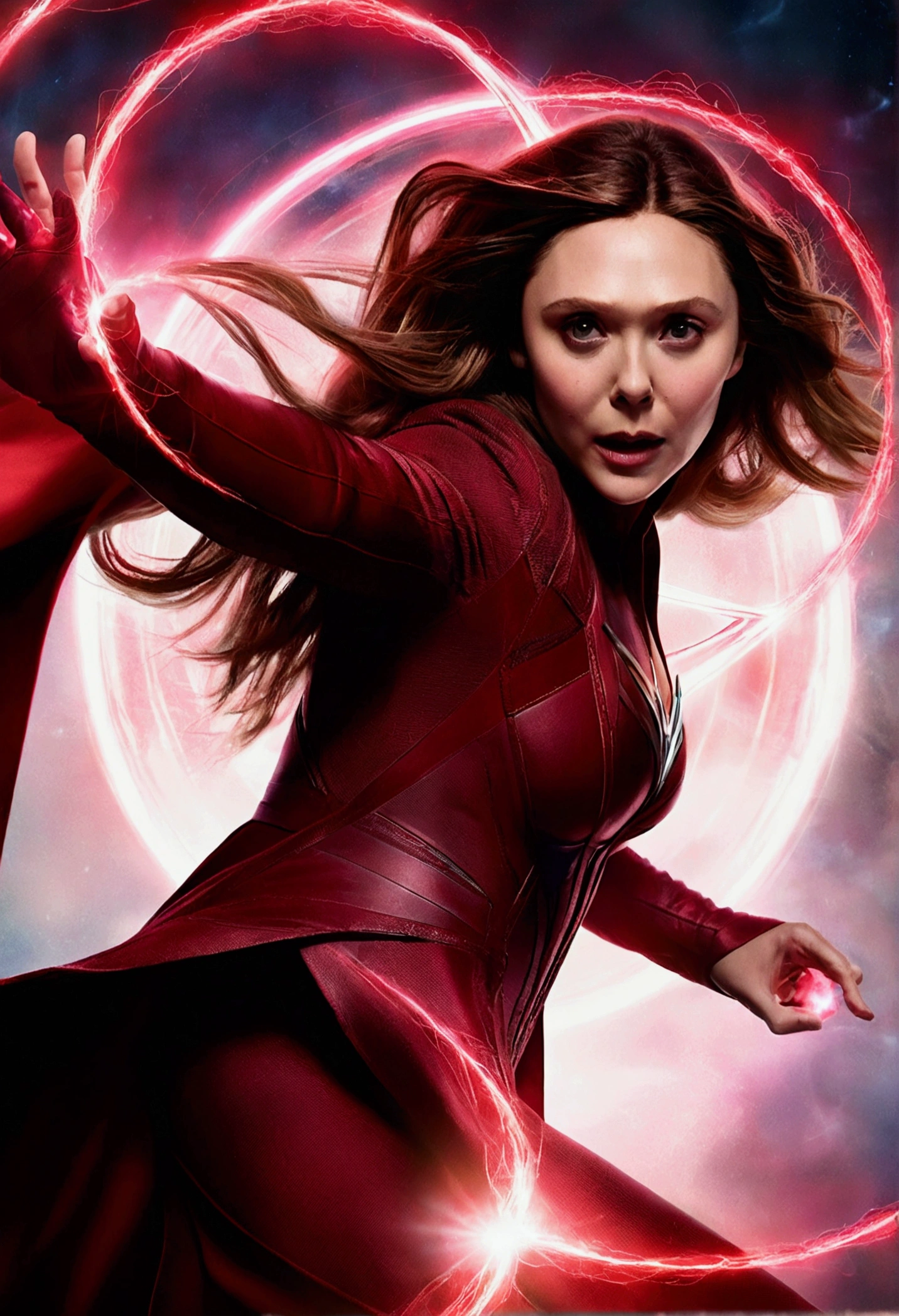 "Cinematic stop-frame of Elizabeth Olsen as the Marvel character Scarlet Witch, showcasing her dynamic pose and the power of her "chaos magic". The focal point is Scarlet Witch, her expression a mix of determination and intensity. Her hair and cape flow around her, emphasizing her dynamic movement. The background is a blur of motion and color, highlighting the chaos and energy of her powers. The lighting is dramatic and saturated, adding a sense of power and mystery to this thrilling depiction of Scarlet Witch's abilities."