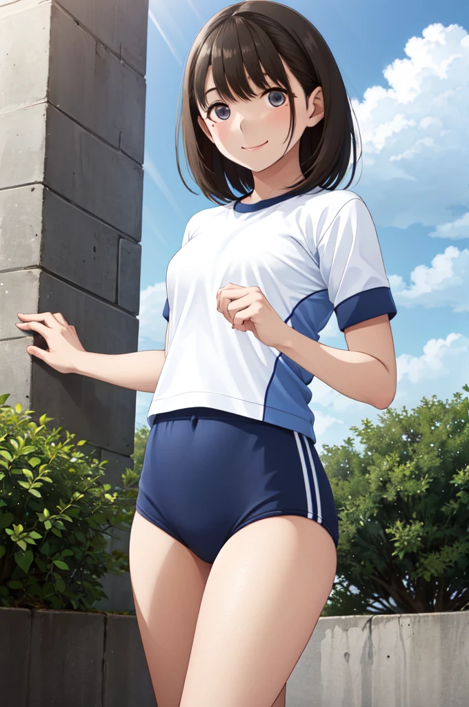 masterpiece, best quality, highres, aanene, short hair, buruma,gym uniform, standing, cowboy shot, outdoors, smile