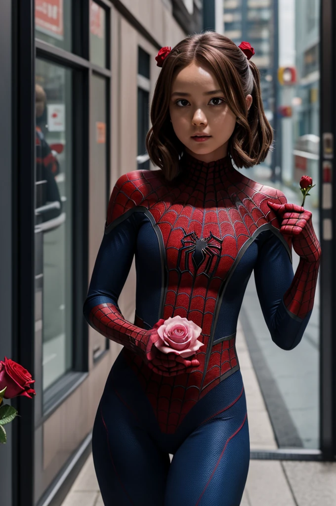 Spiderman miles holding a rose in front of uraka ochako