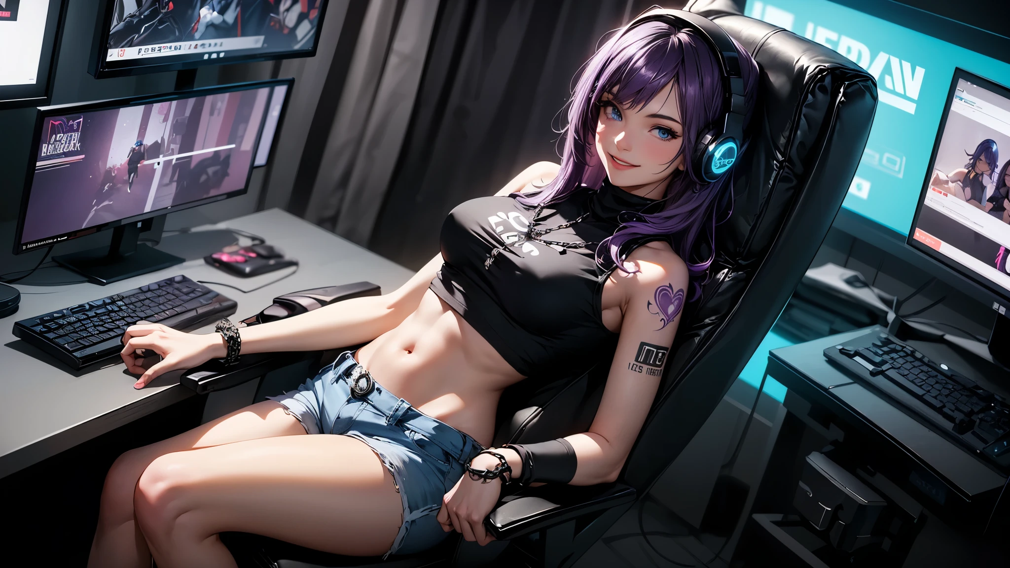 Create a high-quality, detailed image of an 18-year-old girl with a heart tattoo on her right shoulder, dressed in a black navel crop top and jean shorts. She has long purple hair and captivating blue eyes, her best bust size being 85. The girl is seated in a gaming chair, slouched slightly with a joyful smile, holding a controller. She wears chain accessories, a black wristband, and gaming headphones. The setting is a neon-colored room filled with a gaming PC, gaming desk, gaming chair, and gaming bed, complete with a gaming console. The image should be a visual masterpiece